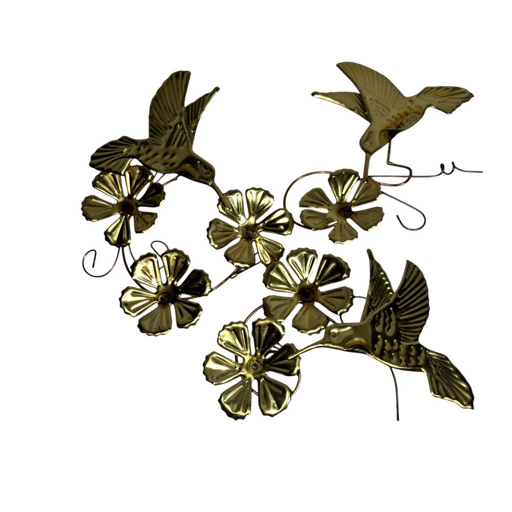 1980s Home Interiors Gold Tone Brass & Copper Wire Hanging Hummingbird 3 pc Art